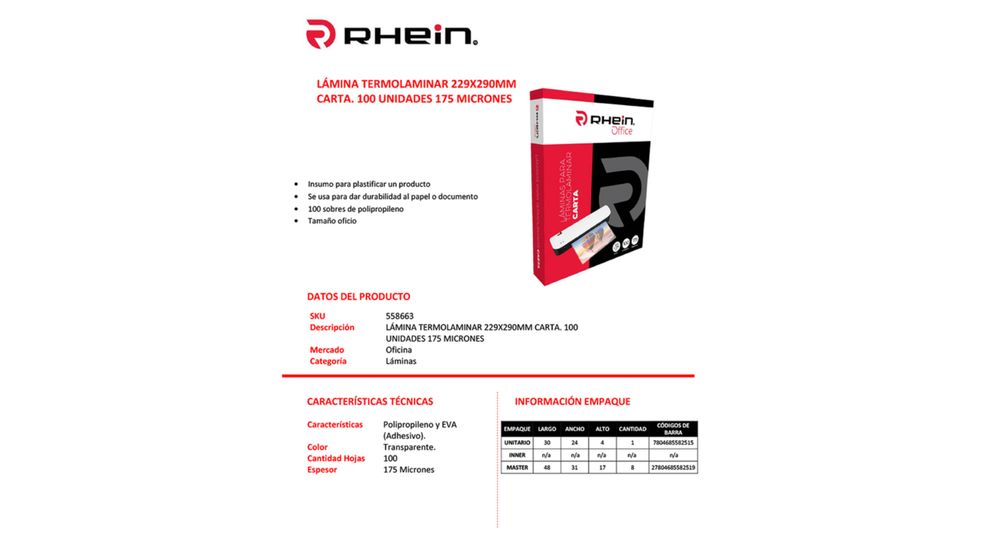 Resma laminas Para Termolaminar 229 X 290 Mm Carta 100 Un 175 Micrones Rhein - Imagen 3